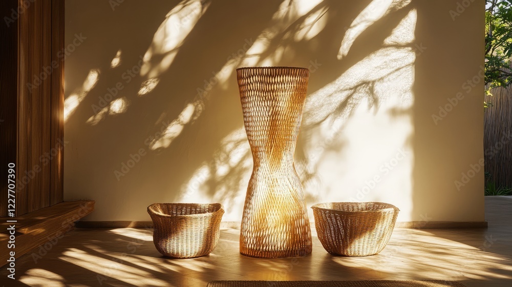 Poster woven rattan furniture displayed on a sleek pedestal illuminated by sunlight creating a serene and i