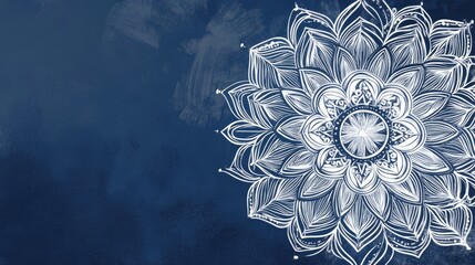 Intricate white mandala design on a rich navy backdrop showcasing geometric patterns and elegant details for a vibrant artistic appeal