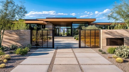 Fototapeta premium Contemporary aluminum gates enhancing modern architecture of stylish home with landscaped surroundings and blue sky backdrop