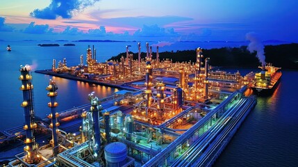 Obraz premium Aerial view of a vibrant oil refinery at dusk with ships in the background and glowing lights