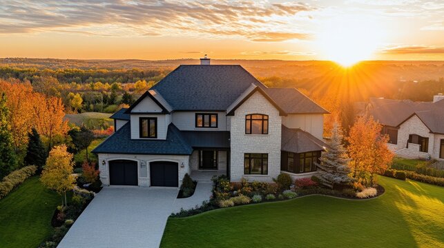 Realtor guiding young couple in home purchase with beautiful sunset backdrop over modern house in picturesque landscape