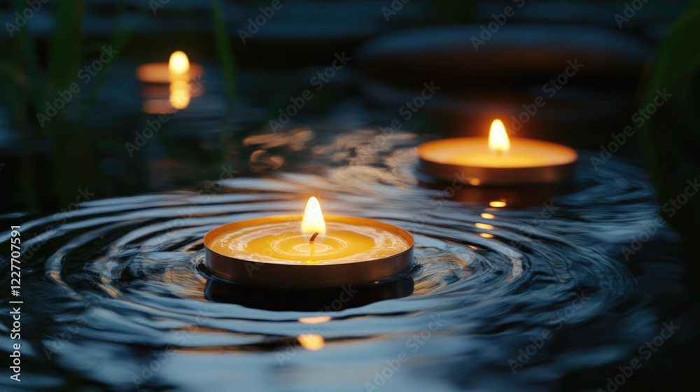 Aufkleber Serene floating candles surrounded by gentle water ripples creating a tranquil and peaceful atmosphere for relaxation and mindfulness