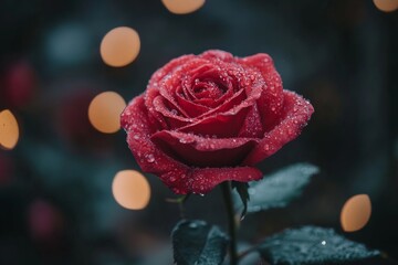 Close-up of a wet red rose growing in a garden, featuring bokeh lights in the background