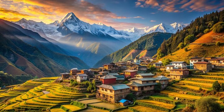 Breathtaking Landscape: Mountain Village & Majestic Himalayas in Lamjung, Nepal