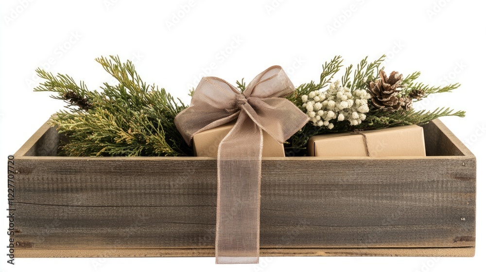 Poster rustic wooden crate with a gift box and taupe ribbon surrounded by greenery and pinecones for a fest