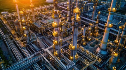 Aerial view of a bustling industrial complex at sunset, showcasing illuminated pipelines and towers