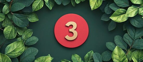 Red circle with number 3 framed by lush green leaves against a dark background with space for text or branding elements