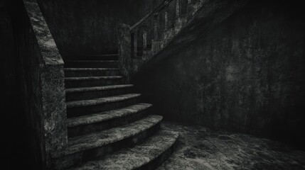 Fototapeta premium Dark stone staircase in old building, mysterious atmosphere, background wall texture, horror game asset