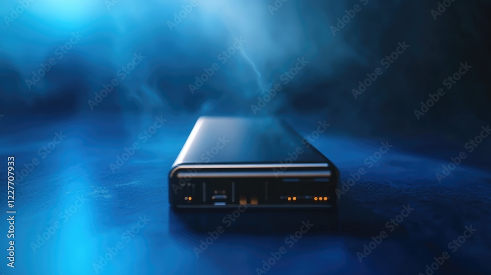 Aufkleber Sleek modern lithium ion battery illuminated against a vibrant blue abstract background with mist effects and dynamic lighting.