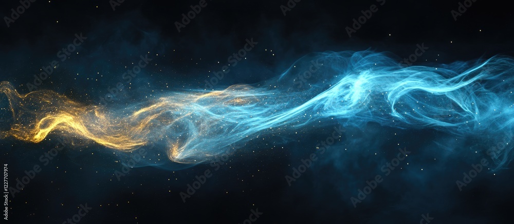 Poster luminous blue and gold smoke flowing dust particles abstract background with space for text in a cos