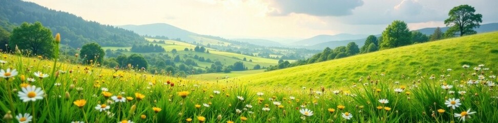 Fototapeta premium Misty meadow with rolling hills and wildflowers, natural, scenery, misty