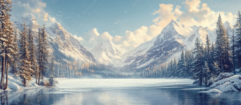 Poster majestic winter scene with snow-covered mountains and a tranquil frozen lake providing ample space f