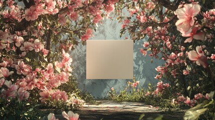 Romantic spring scene with pastel flowers surrounding a blank card in a serene natural setting perfect for invitations or announcements