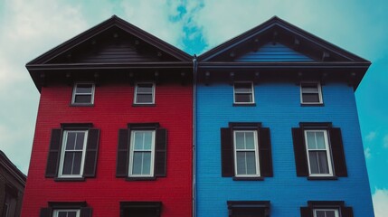 Fototapeta premium Vibrant red and blue houses with contrasting colors showcasing architectural beauty and urban creativity against a cloudy sky.