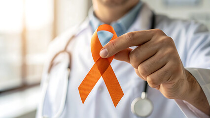 Doctor supporting leukemia awareness with orange ribbon focused on health advocacy.