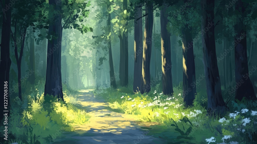 Poster Serene forest landscape with sunlight filtering through tall trees illuminating a peaceful path edged with wildflowers