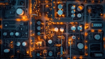 Fototapeta premium Aerial view of an industrial complex at night, illuminated by orange lights, showcasing tanks and pipelines