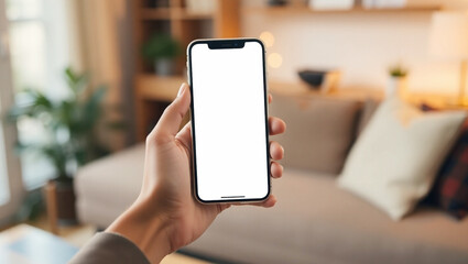 Phone mockup, hands holding smartphone blank white screen, warm lighting cozy interior background, close-up shot. Generative AI