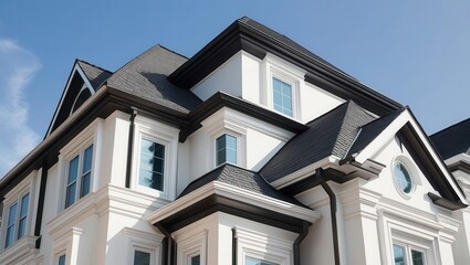 Obraz premium Elegant white residential building with modern architectural design and steep gabled roof under a clear blue sky, symbolizing luxury and urban living.