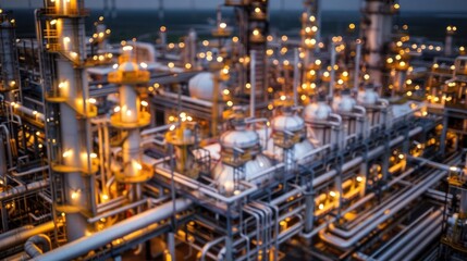 Naklejka premium Industrial facility at dusk with illuminated pipes and tanks, showcasing advanced technology and operations