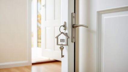 A key with a house-shaped keychain in a door lock, symbolizing new home ownership, real estate opportunities, and a fresh start.