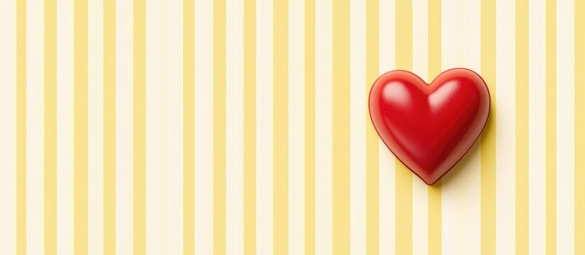 Red heart on a bright yellow and white striped background creating a retro and joyful theme with ample space for text or messages