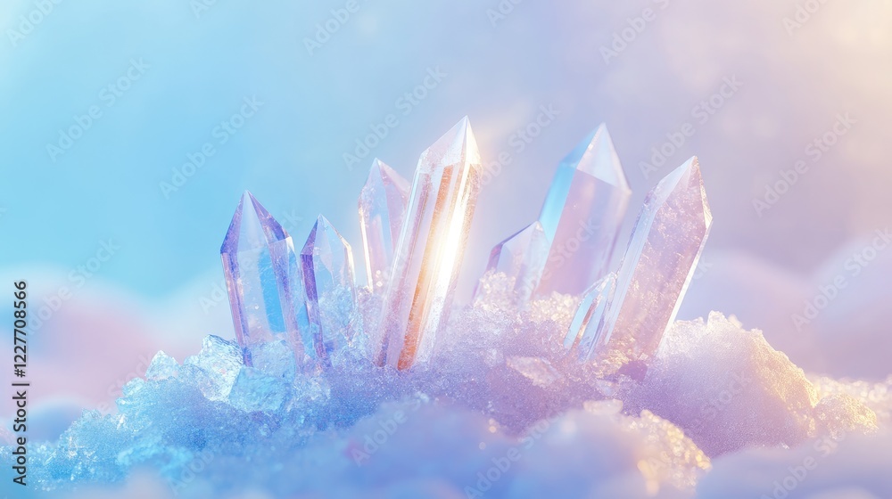 Aufkleber Close-up of quartz crystals refracting light against a soft blue bokeh background showcasing minimalistic design and icy snow elements