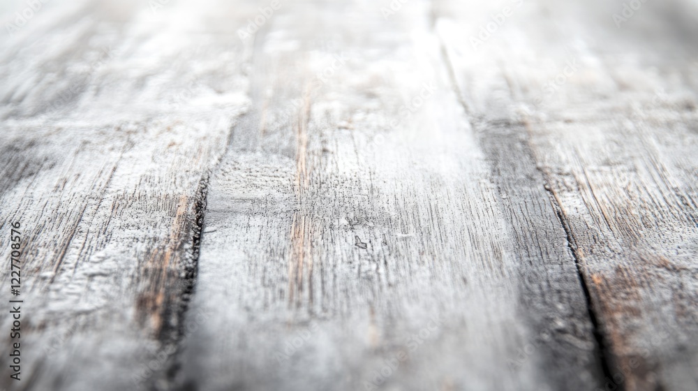 Poster Rustic wooden tabletop with a soft white bokeh background creating a serene atmosphere for product photography or culinary displays.