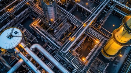 Fototapeta premium Aerial view of an industrial facility showcasing intricate pipelines and machinery at dusk
