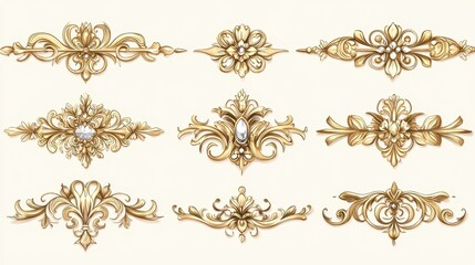 Fototapeta premium Collection of nine ornate gold and diamond decorative elements. Intricate floral designs and swirling patterns, isolated on a white background