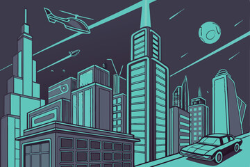 Fototapeta premium Futuristic city skyline, neon lights, flying cars, cyberpunk aesthetic, dense urban landscape, soaring skyscrapers, holographic billboards, high-tech transportation, glowing energy streams, sci-fi met