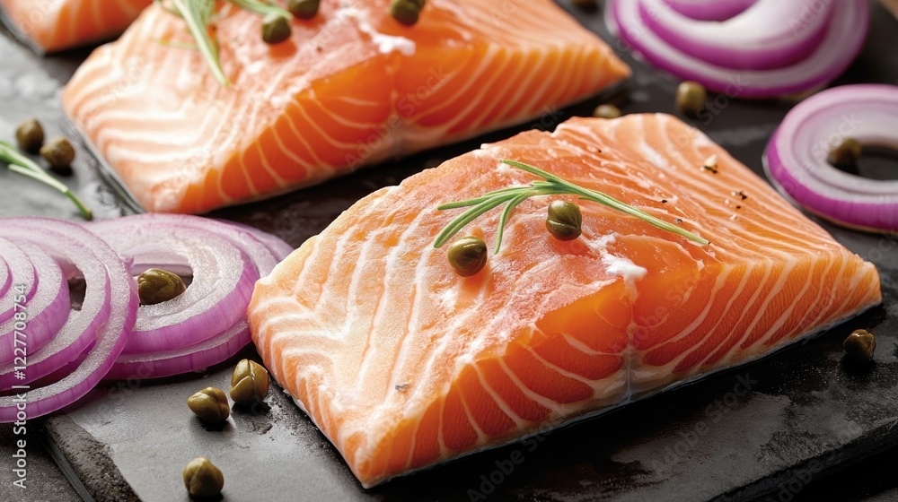 Poster fresh salmon steaks garnished with red onions and capers on a dark slate surface