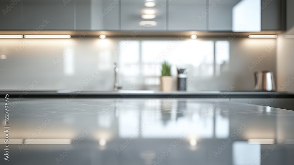 Aufkleber Sleek gray kitchen countertop reflecting light with blurred background elements creating a modern aesthetic ambiance.