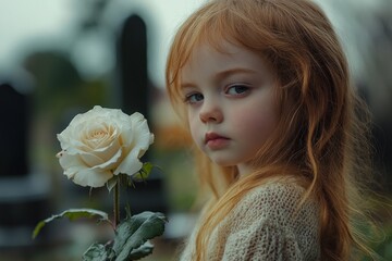 Naklejka premium Thoughtful child with rose in a serene graveyard setting