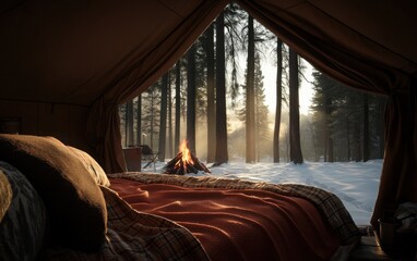 Rustic tent interior with a crackling firepit just outside in the snow. The bed is made of layered blankets and pillows, with a view of towering pine trees through the tent's entrance. 