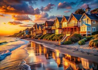 Coastal village bathed in sunset's golden glow; ocean, beach houses, stunning scene.