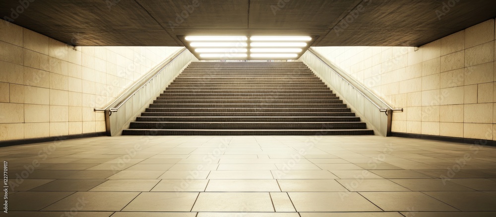 Poster Blank Billboard for Advertising in Subway Station with Steps and Copyspace for Text in Business District Setting