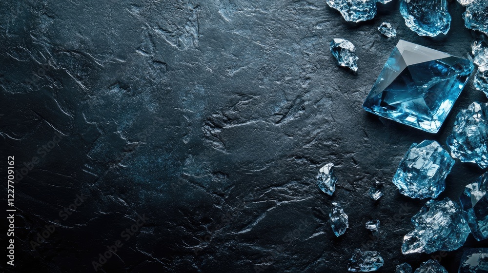 Poster sleek blue gemstone on textured dark background showcasing elegance and luxury with ample empty spac