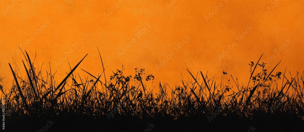 Poster silhouette of dry grass against a smoky orange sunset background providing ample copyspace for text 