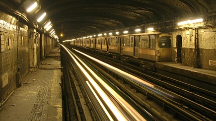 Obraz premium exposure shot of an underground tunnel with light trails of passing trains creating dynamic visual effects. Underground railway tunnel transportation 