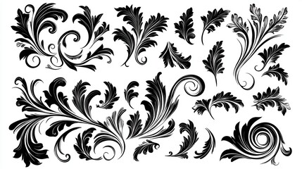 Fototapeta premium Black and white illustration of various ornate floral designs, featuring swirling leaves and acanthus like motifs. The image is a collection of