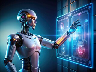 Cognitive robotics and futuristic 3D robots utilize touchscreen and holographic VR interfaces, showcasing cutting-edge digital technology.