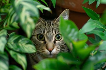 A cat peeking out from behind a lush green plant.