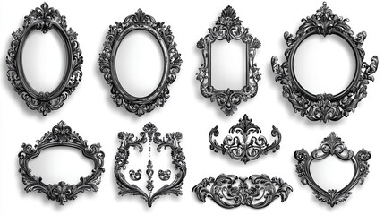Obraz premium Collection of ornate black decorative frames with intricate designs and drop shadows on white background. Various shapes and sizes included, perfect
