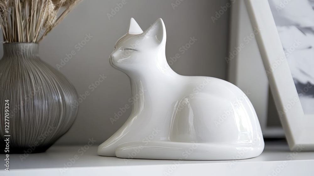 Poster ceramic cat figurine elegantly displayed on a shelf next to a decorative vase and framed artwork in 
