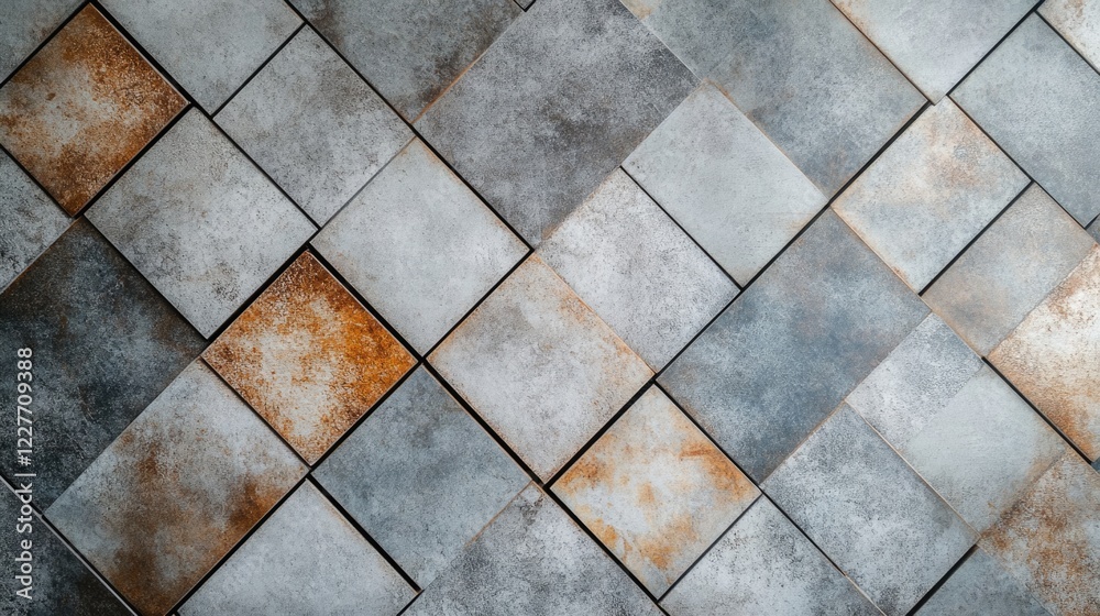 Poster Metallic square tiles in diagonal layout showcasing urban cement wall texture with hints of rust for modern interior design backgrounds