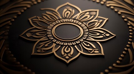Naklejka premium Close up view of an ornate gold mandala design on a dark background. Intricate details and textures are visible, creating a luxurious and elegant