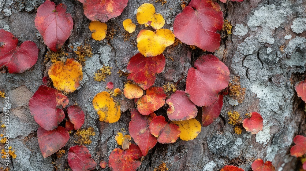 Poster macro shot of vibrant autumn leaves in red and yellow hues on an aged tree trunk textured with moss 