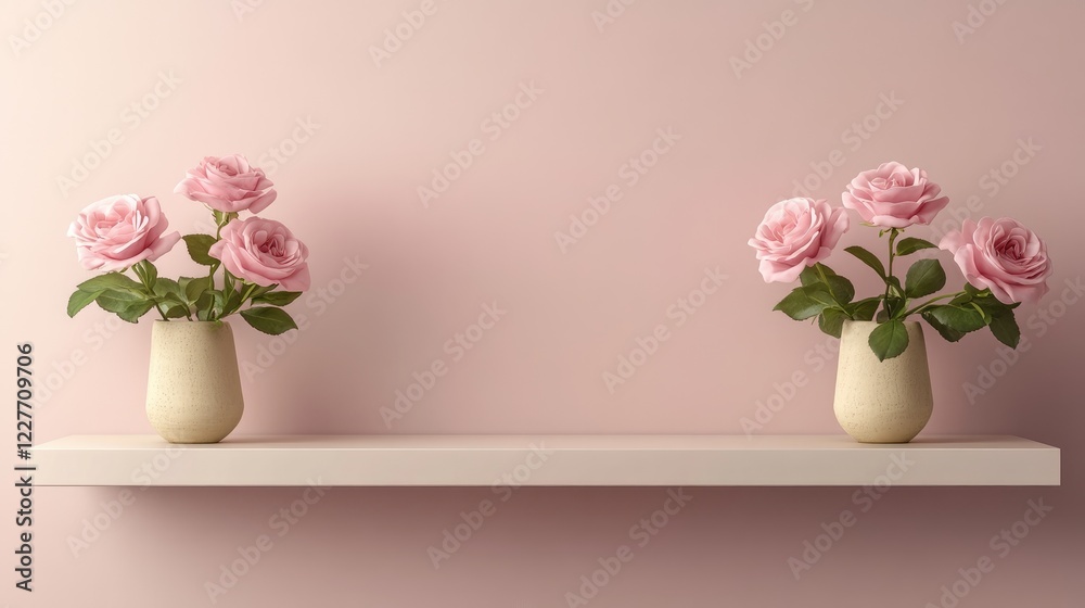 Poster modern minimalist shelf display featuring pink roses in vases against a soft pink background for hom