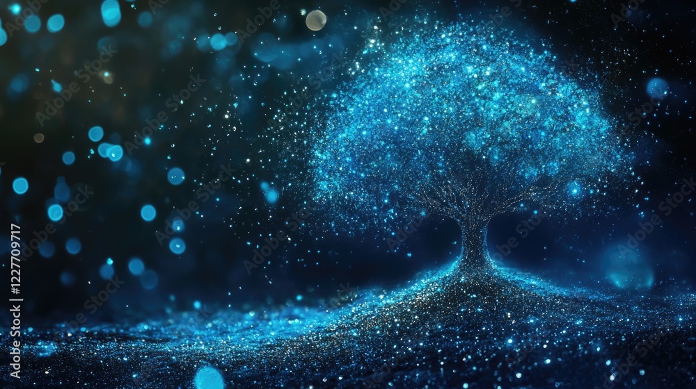 Poster Glowing Blue Abstract Tree with Sparkling Particles on Dark Background